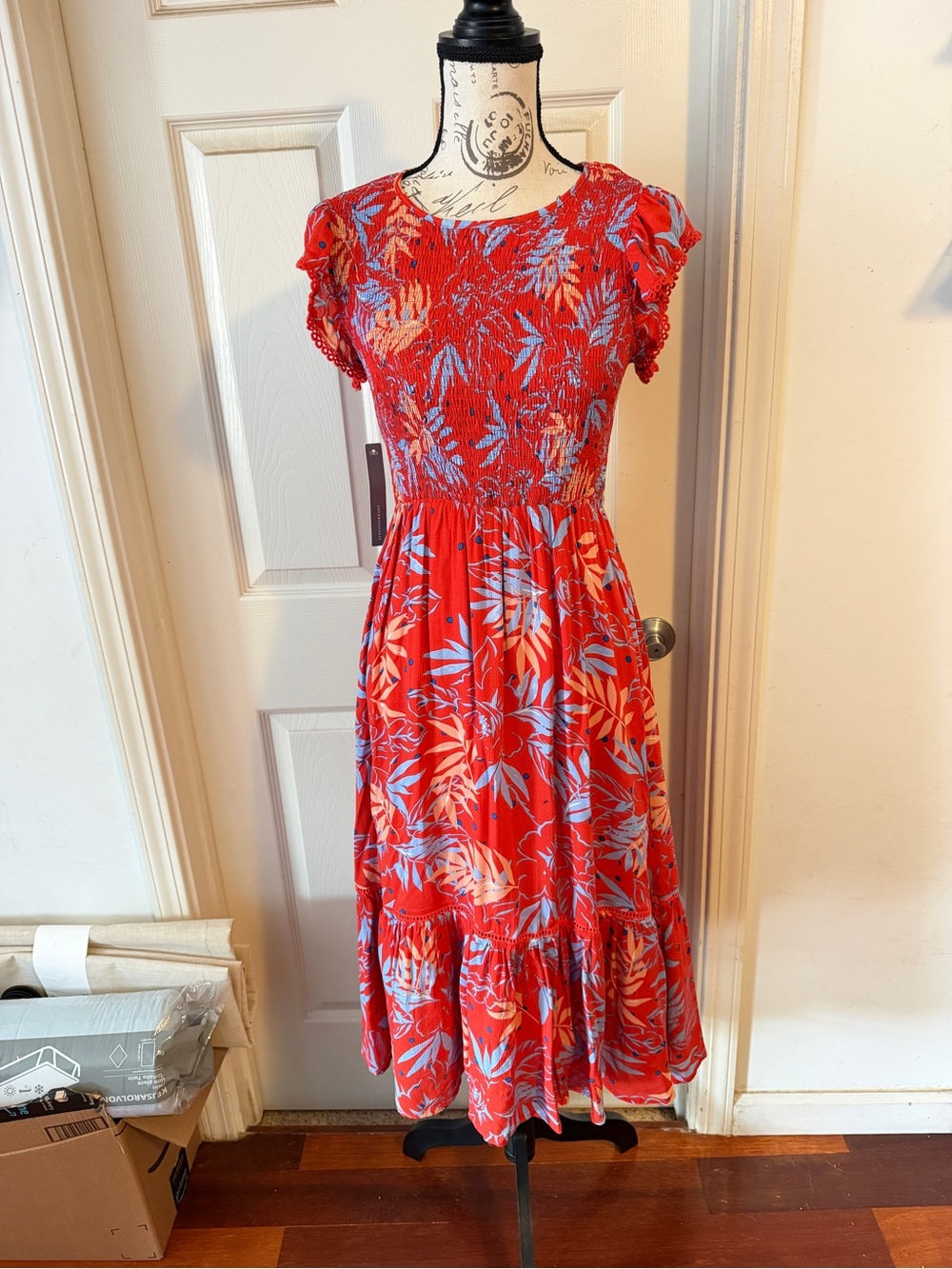 Anthropologie Red Midi Dress with Blue and Cream Leaf Print - Picture 2 of 7